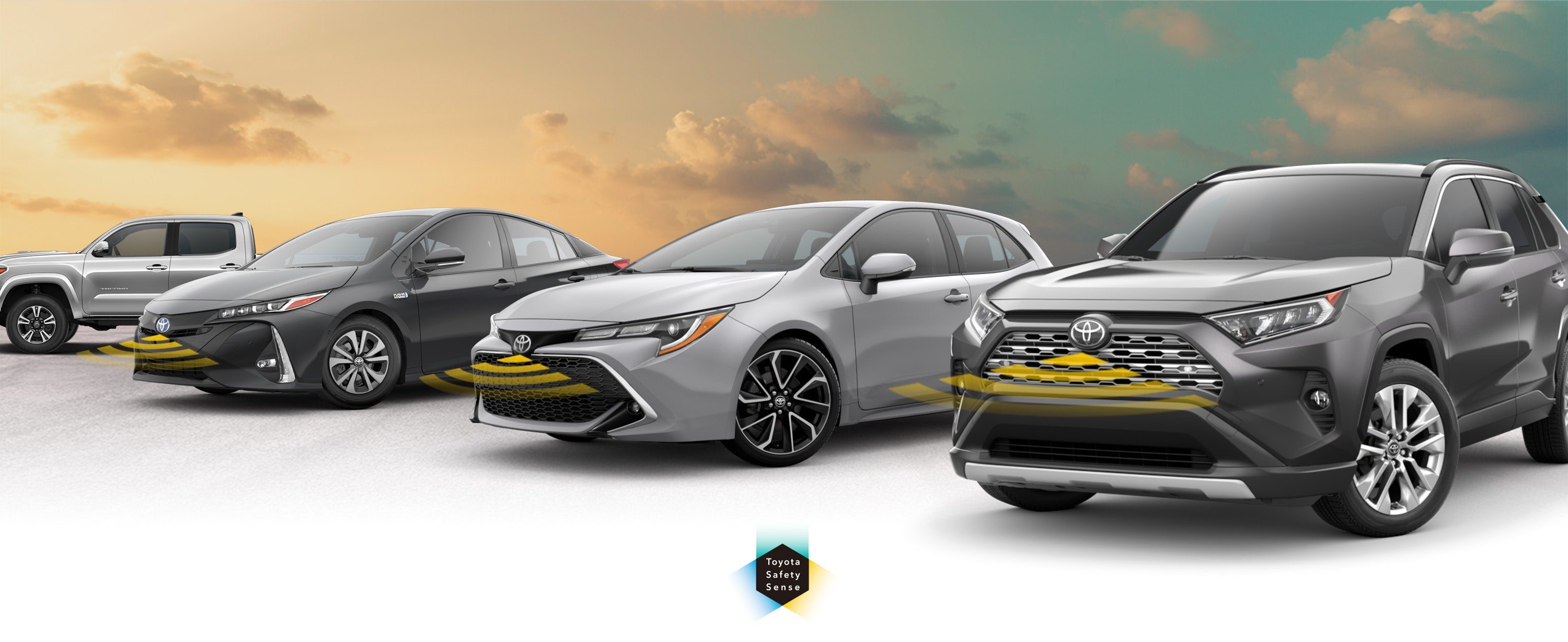 Toyota Safety Sense: Designed for Safety. Options shown on Toyota models including RAV4, Tacoma, and Camry, available now at Pedersen Toyota in Fort Collins CO.